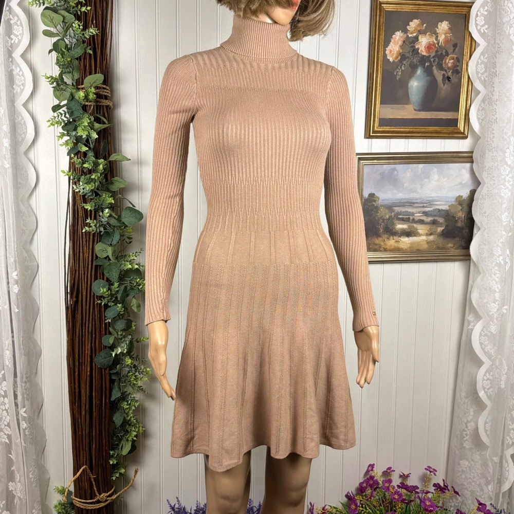 GUESS Sweater Dress Womens XS Tan Excellent Turtleneck Fit & Flare W2RR03Z2YJ0